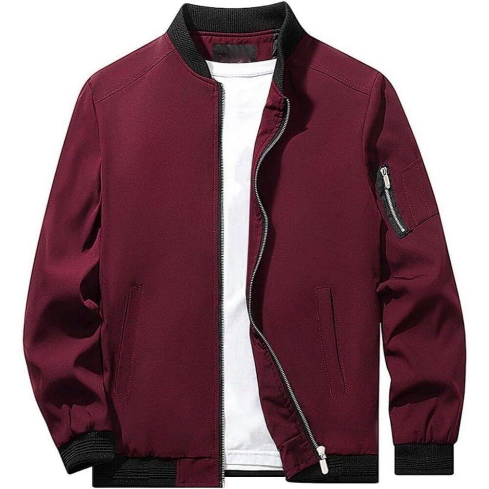 Men's Slim Fit Wear Lightweight Red Bomber Jacket Coat Winter Zipper Closure